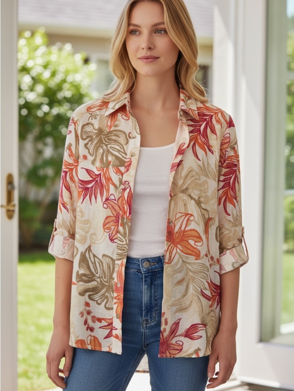 Chico's White Button-Down Shirt with Pink & Orange Floral Print